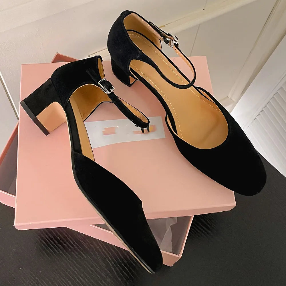 Genuine Leather 4.5cm Thick Med Heel Round Toe Ankle Strap Sandals Soft Comfortable Summer Shoes