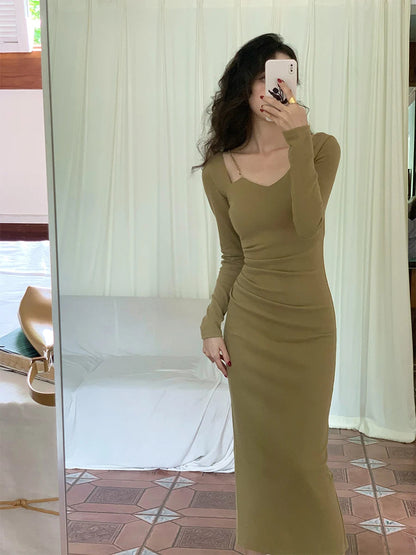 Chain Square Neck Long Sleeves Midi Dresses Spring New French Bodycon Evening Party Female Clothing