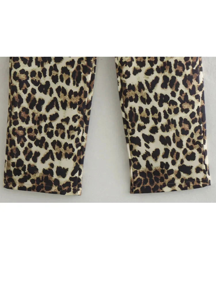 Female Leopard Print High Waist Pants Button Pockets Straight Leg Pant Female Slim Trousers