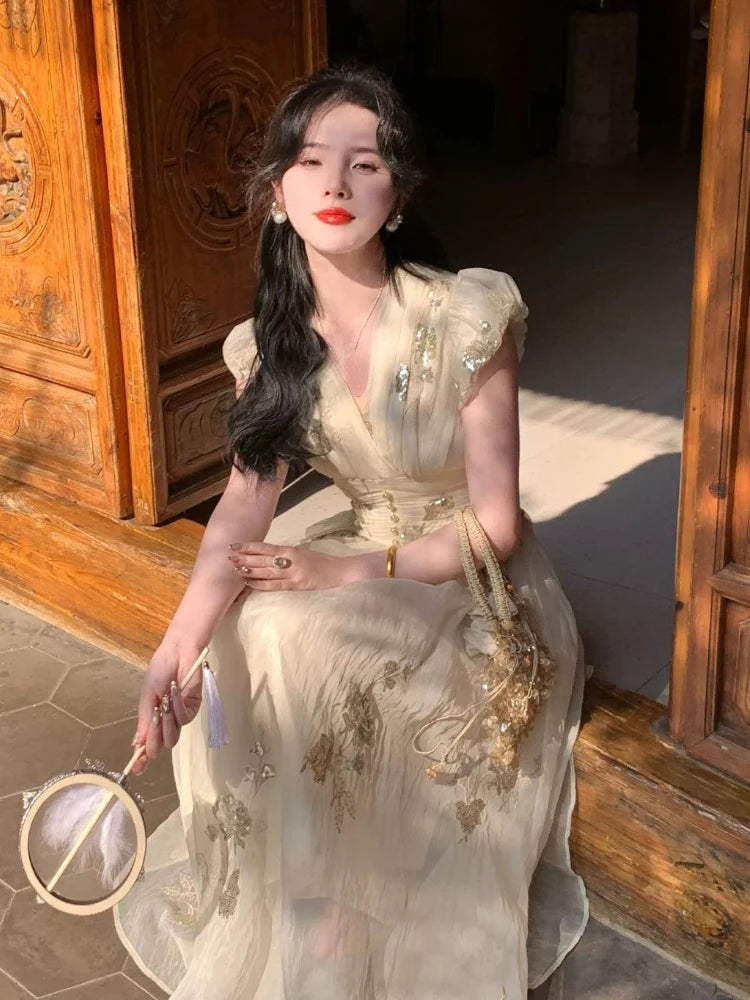 French Vneck Midi Dress Female Even Party Clothing Summer Retro One Piece Dress Korean 2000s Y2k