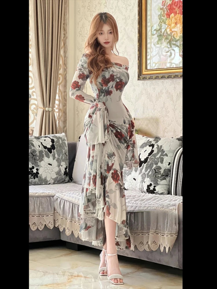 Summer French Print Midi Dress One Shoulder Dress Korean Even Party Female