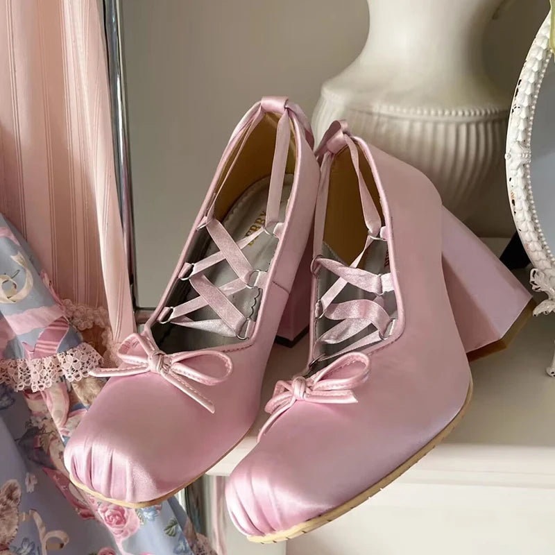 Silk Square Toe 9cm Heel Ballet Shoes Lace Up Pumps
