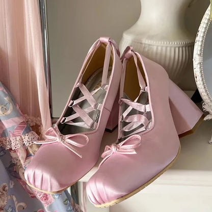 Silk Square Toe 9cm Heel Ballet Shoes Lace Up Pumps