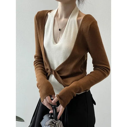 Korean Patchwork Halter Longsleeved Sweater Autumn New Fake Twopiece Knitted Tops
