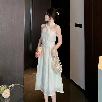 Beige Chiffon Dress Female Summer Slim Slim Thin Temperament French Senior Sense of Beach Hanging Neck Long Dress