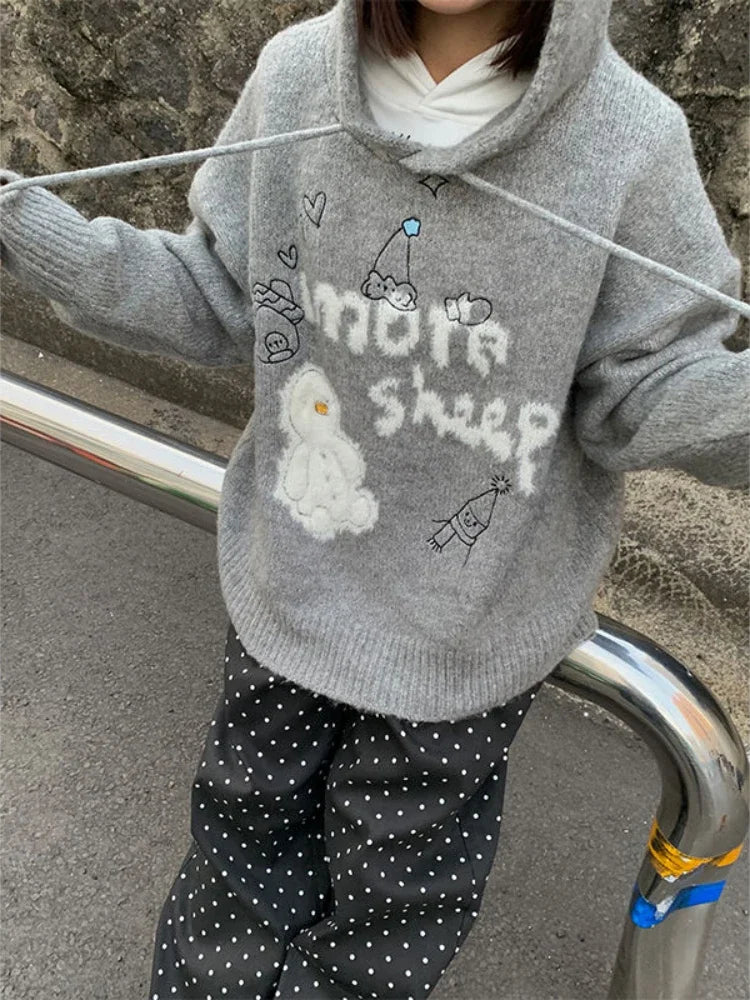 Kawaii Snowman Hooded Sweatshirt Gray Ribbed Hoodies Knitwear Korean Oversize Cutecore Winter Clothes