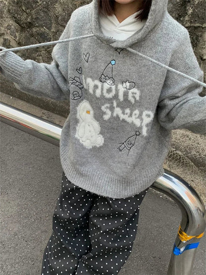 Kawaii Snowman Hooded Sweatshirt Gray Ribbed Hoodies Knitwear Korean Oversize Cutecore Winter Clothes