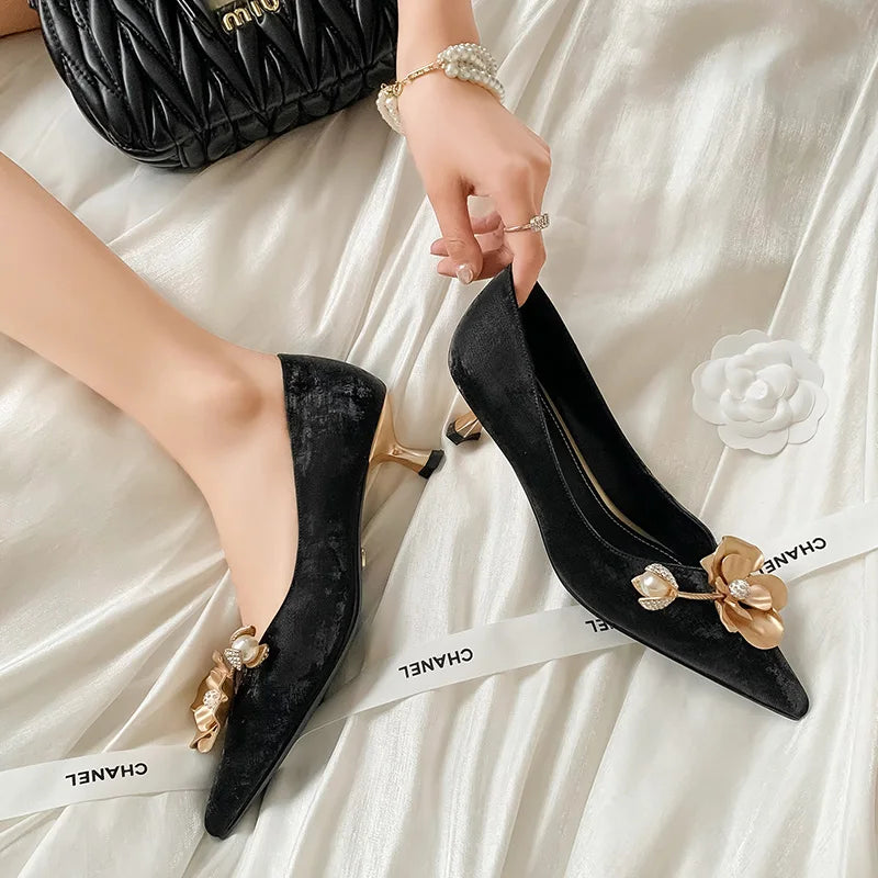Pointy Toe Golden Flower Pumps Middle Heels Classic Slip on Rhinestone Ball Decor Summer Causal Dress Shoes
