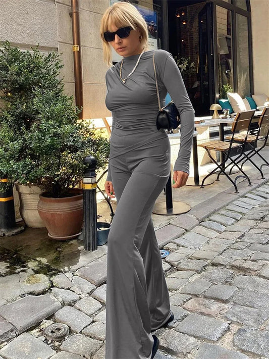 Autumn 2 Piece-set Female Flared Pants Slim Pleated Long Sleeve Outfits ’s Pants Sets