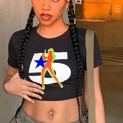 Y2k Summer Digital Printed ’s Top Street Trend Slim Fit Open Navel T-shirt for