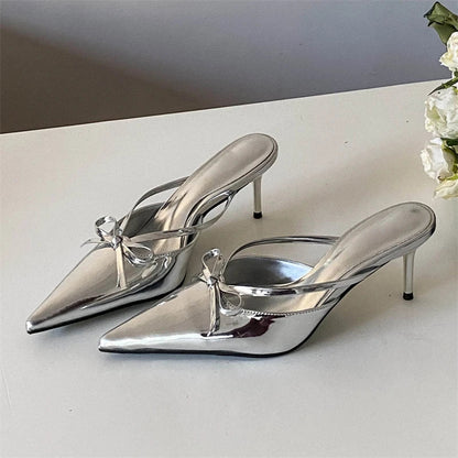 Silver White Butterflyknot Pointed Toe Slippers Shoes Party Dress Thin Heels Sandals