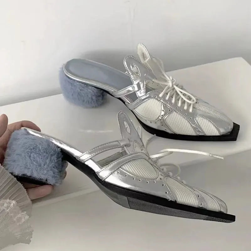 Hollow Out Pointedtoe Colorblock High Heels Comfortable Breathable Sandals Plush Heel Mules Personality Shoes