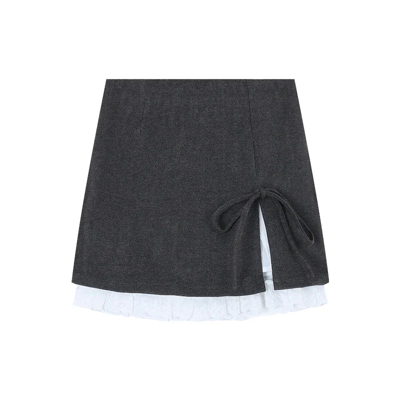 Contrast Color Patchwork Aline Skirt Spring New High Waist Lace Up Bow Slim Mini Skirt