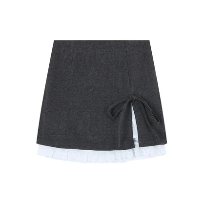 Contrast Color Patchwork Aline Skirt Spring New High Waist Lace Up Bow Slim Mini Skirt