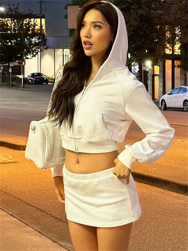 Autumn Hoodie 2 Piece-set Skirt Female Cropped Zipper Cardigan Top and Skirt Sets Tracksuit ’s Outfits