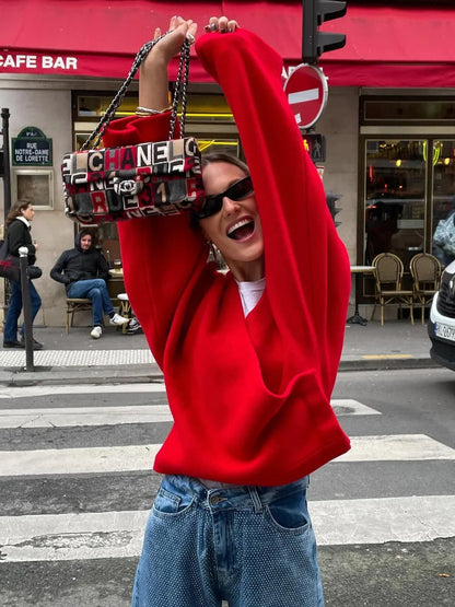 Retro Red Vneck Loose Woolen Pullover Jacket Long Sleeve Knitted Sweater New Autumn Female Knitwear Top