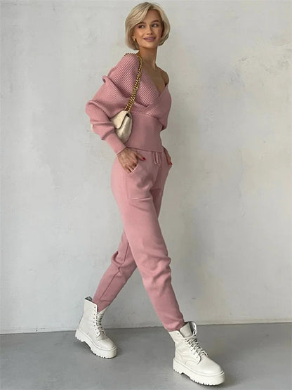 Knit Vneck Pullover 2 Pieceset for Patchwork Sweater and High Waist Drawstring Pants Sets Outfits