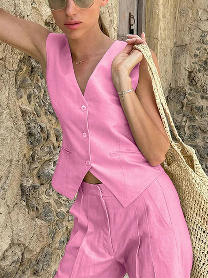 Loose Pant Sets Woman High Waist Baggy Trouser Suit for Summer V Neck Vest 2 Piece Suits Outfits 2