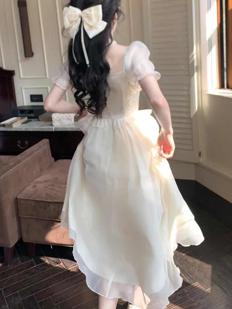 Princess Birthday Party Dress Puff Sleeve Lace-up A-line Midi Dresses for Square Collar Prom Robe Vestidos Mujer