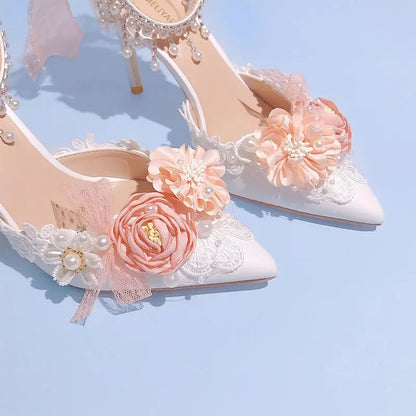 Lolita Brode Shoes New Pearl Rhinestone Pink High Heels for Sweet Flower Knot Bridal Wedding Shoes