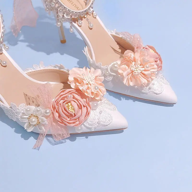 Lolita Brode Shoes New Pearl Rhinestone Pink High Heels for Sweet Flower Knot Bridal Wedding Shoes