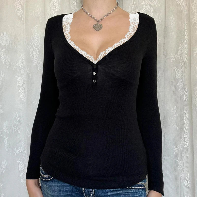 Contrast Lace Crew Neck Top Spring Y2k Long Sleeve Buttons T-shirt Knitted Slim Basic Tee Shirt 90s