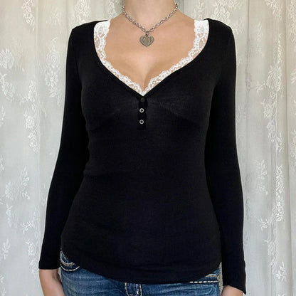 Contrast Lace Crew Neck Top Spring Y2k Long Sleeve Buttons T-shirt Knitted Slim Basic Tee Shirt 90s