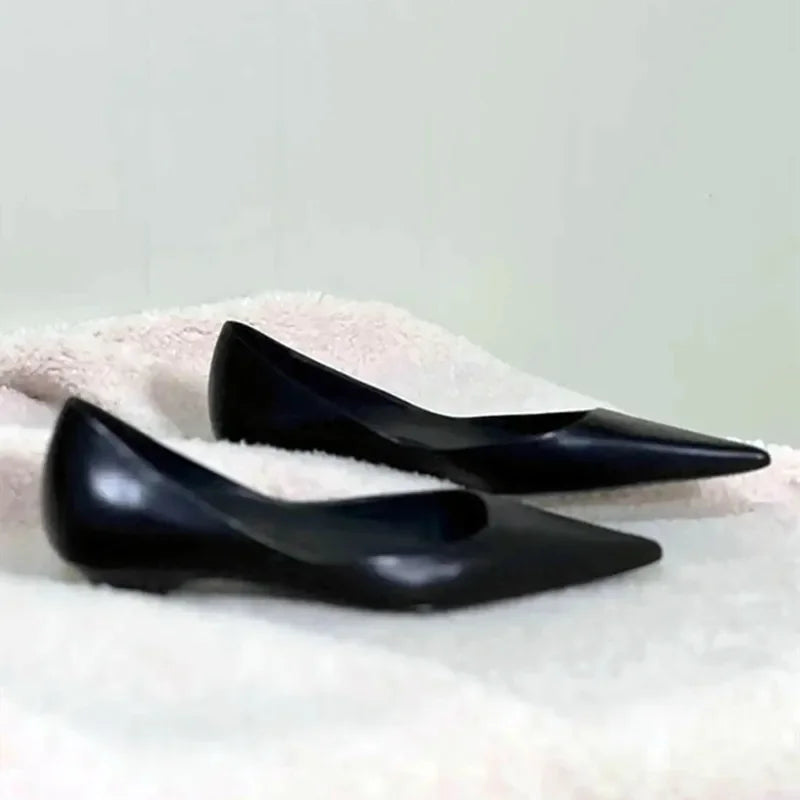 Pointed Toe Leather Flat Shoes Tapered Low Heel Pumps Black Shallow Mouth Design Comfort Office Shoe for