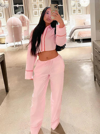 Spring Pink 2piece Set Woman Lapel Long Sleeves Single Breasted Shirts Crop Tops Female High Waist Wide Leg Pant