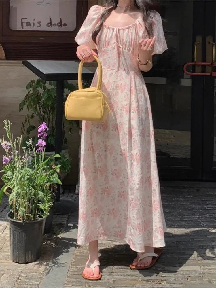 Summer Printed Midi Dress Off Shoulder Puff Sleeve Fairy Aline Dresses Korean Fahion Vestidos Mujer