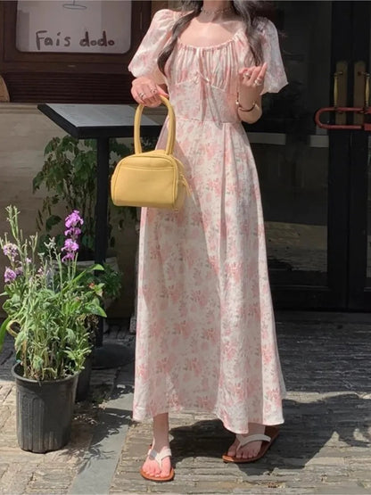 Summer Printed Midi Dress Off Shoulder Puff Sleeve Fairy Aline Dresses Korean Fahion Vestidos Mujer