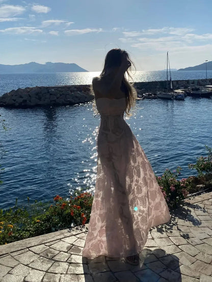Sweet Hot Girl Pure Vacation Strap Dress Summer Slim Laceup Aline Transparent Long Dress Female Clothes