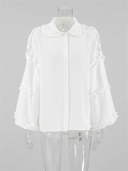 Ruffled White Loose Shirts for Long Sleeve Autumn Outwear Female Shirts Coat Summer New