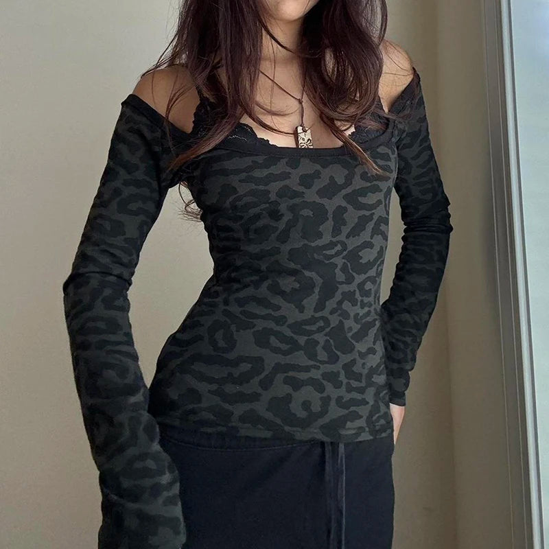 Animal Patterns Lace Strappy T-shirt Off Shoulder Fitted Cropped Top Y2k Long Sleeve Tee Street Outfits