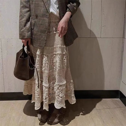 Korean Skirts Gentle Heavy Industry French Hollow Out Hook Flower Design Knit Skirt Aline Skirt