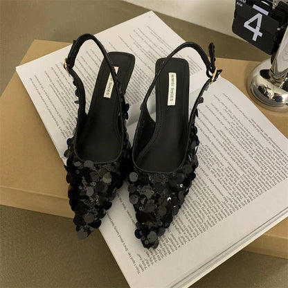Low Sandals Woman Leather Shoes Closed Toe Bling Bling Suit Female Beige Summer Heels Lowheeled Silver Retro Bright Black