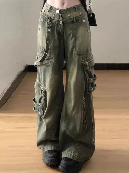 Zipper Cargo Denim Pants Hip Hop Retro Loose Pockets Straight Wide Leg Jeans Y2k Causal Female Trousers