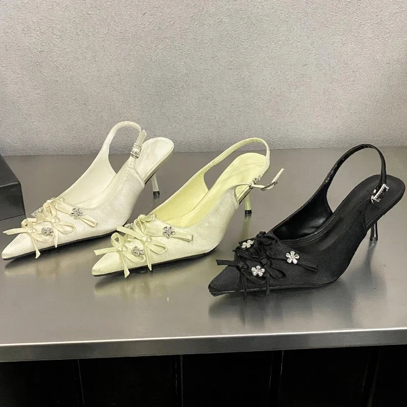 Designer Pointed Toe Thin High Heels Butterflyknot Slingback Sandals Female Party Dress Shoes Pumps