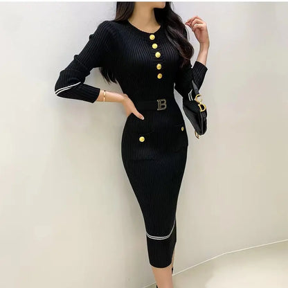 Autumn Winter Knitted Dress Brand O-neck Buttons Bodycon Sweater Dress With Belt Lady Office Dress
