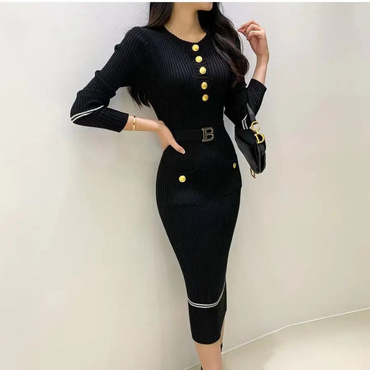 Autumn Winter Knitted Dress Brand O-neck Buttons Bodycon Sweater Dress With Belt Lady Office Dress