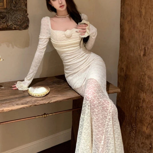Lace Long Dresses for Off Shoulder Fishtail Bodycon Mermaid Autumn Spring Birthday Evening Party Prom Robe Vestidos