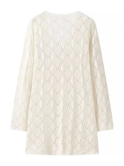 Hollow Out Knitted Beach Dress New V Neck Long Sleeve Lace-up Vestidos Summer Holiday Mini Dresses