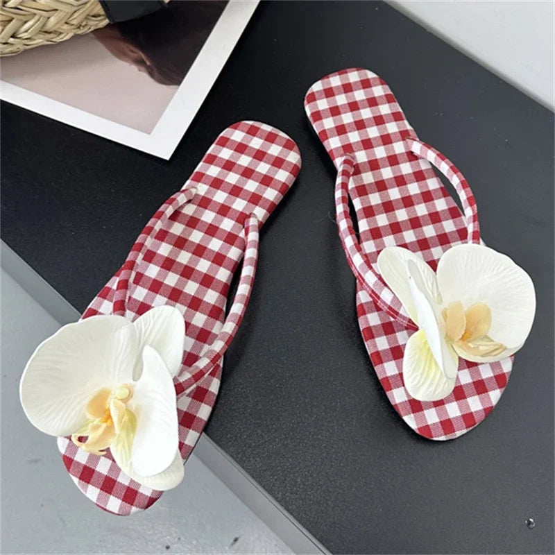 Summer Design Flower Geometric Clip Toe Low Flat Heels Slippers Flip Flops Party Shoes
