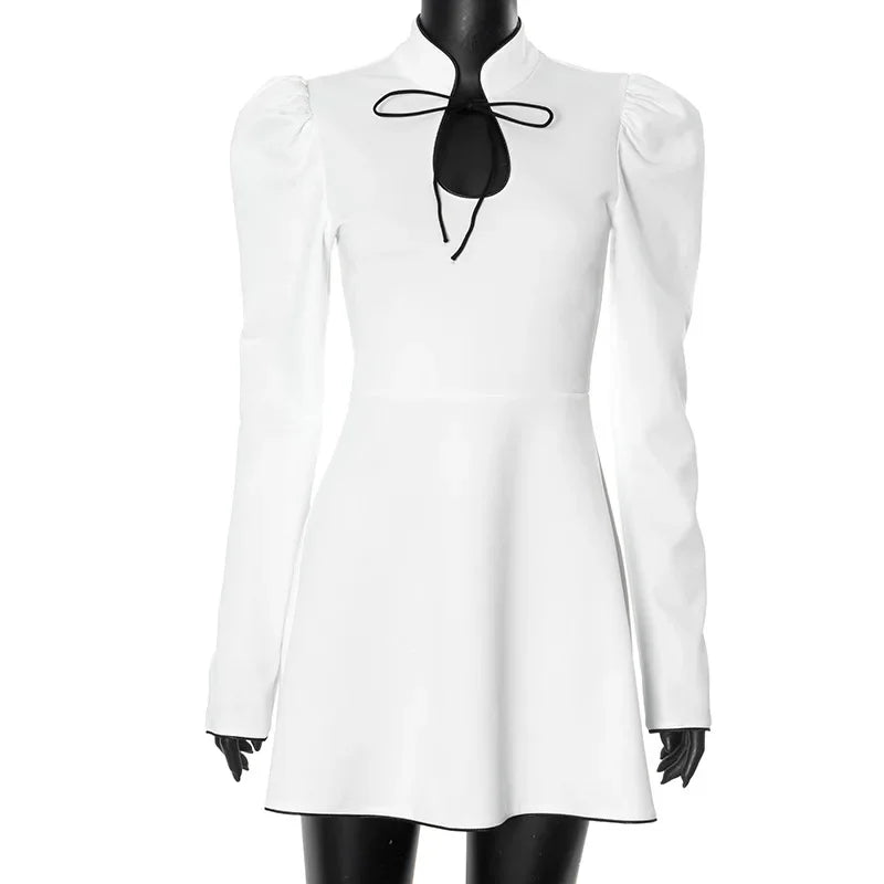 Puff Sleeve Contrast Color Mini Dress Female Retro Stand Collar Hollow Lace Up A-line Dress Tight Waist