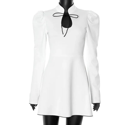 Puff Sleeve Contrast Color Mini Dress Female Retro Stand Collar Hollow Lace Up A-line Dress Tight Waist