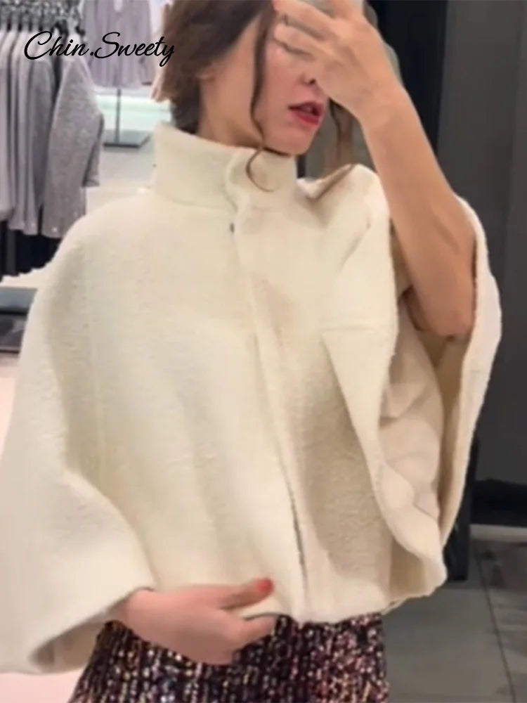 White Loose Short Cape Coat Autumn Winter Thick Single Buckle Batwing Sleeve Cloaks Jacket Lady Warm Outwear New