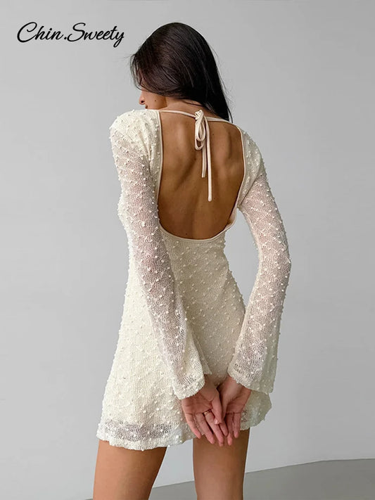 Backless Jacquard Mini Dress Flare Long Sleeve Lace Up O-neck Party Dresses Lady Slim Evening Beach Gowns New