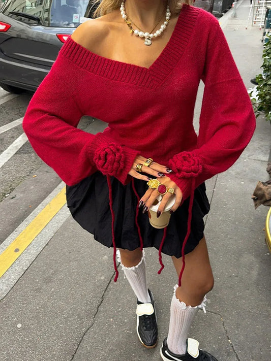 Knitted V-neck Red Sweater 3d Flower Drawstring Long Sleeve Sweaters Female Christmas Street Knitwear