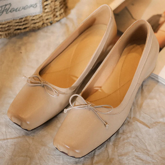 Genuine Leather Square Toe Slipon Ballet Flats Sweet Bowtie Pleated Retro Female Soft Comfortable Espadrilles Shoes Hot