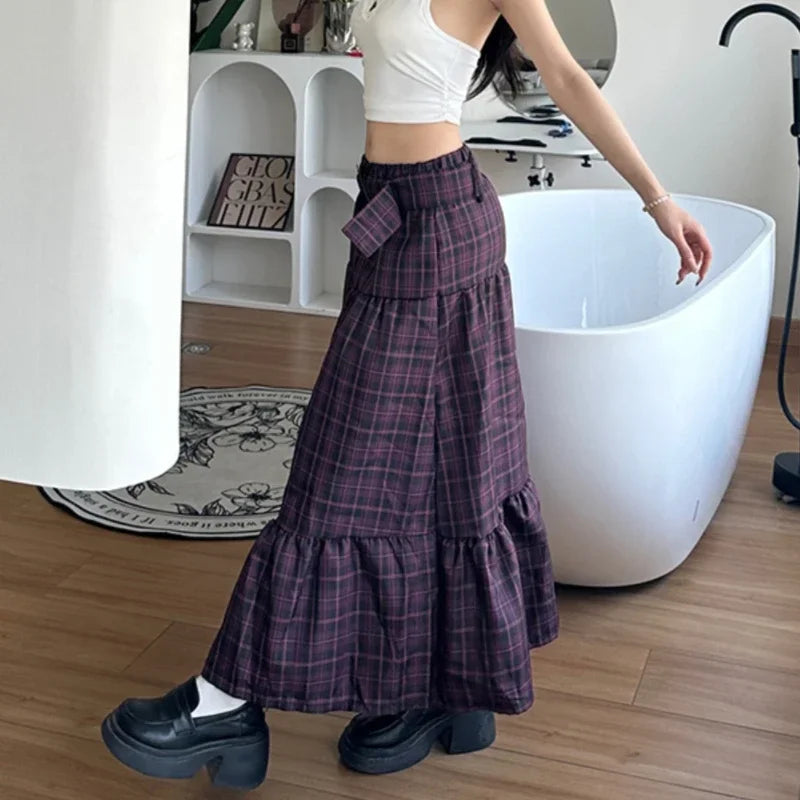 American Pleated Zipper Loose Aline Skirt Autumn New High Waist Contrast Color Plaid Midlength Skirt